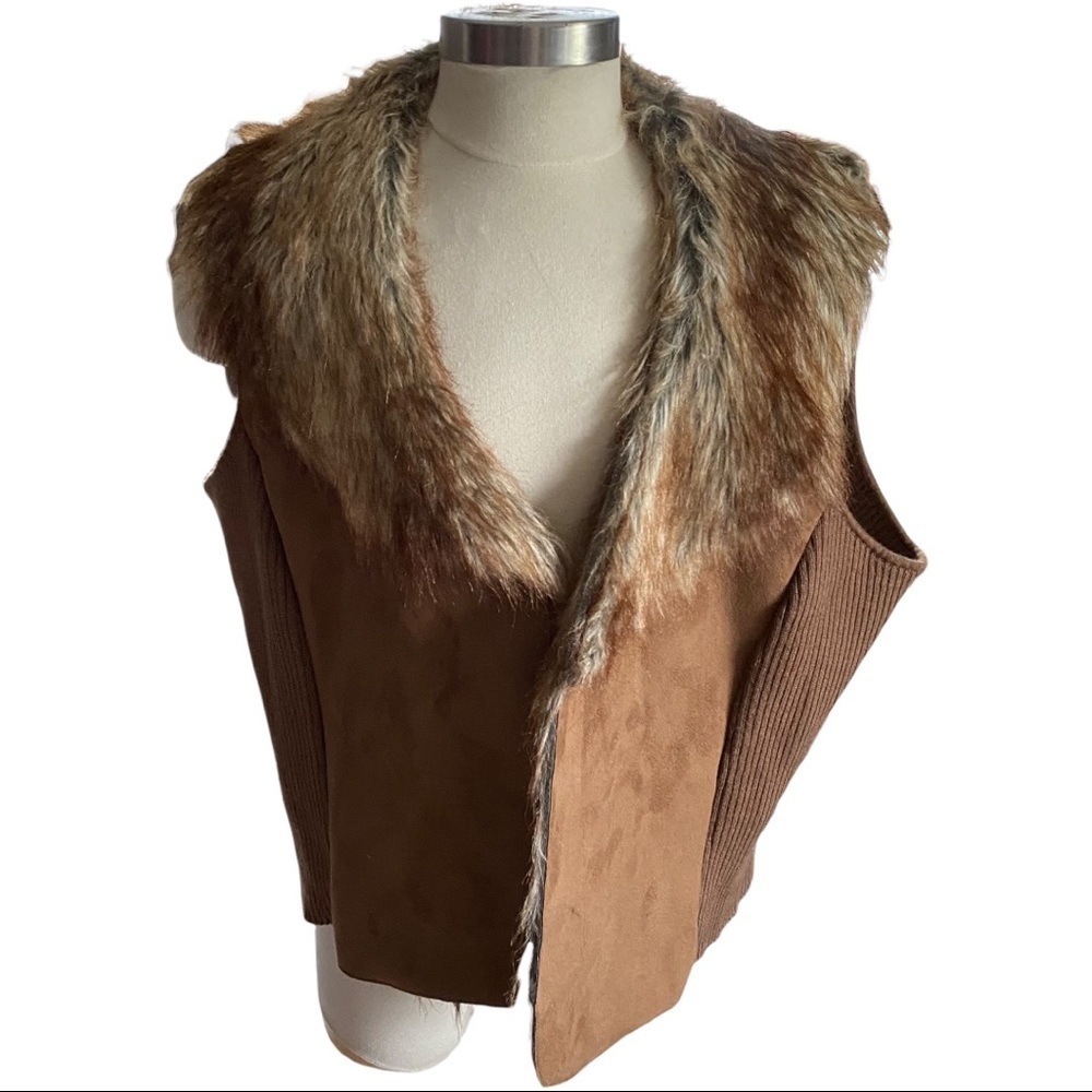 Revue Tan Suede with Brown & Cream Faux Fur Trim & Lining Sleeveless Vest 3XL